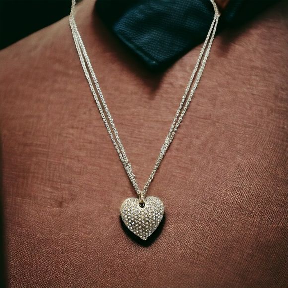 Puffy Pave Heart Necklace Gold Tone Rhinestone Double Chain Feminine Romantic - Picture 8 of 13